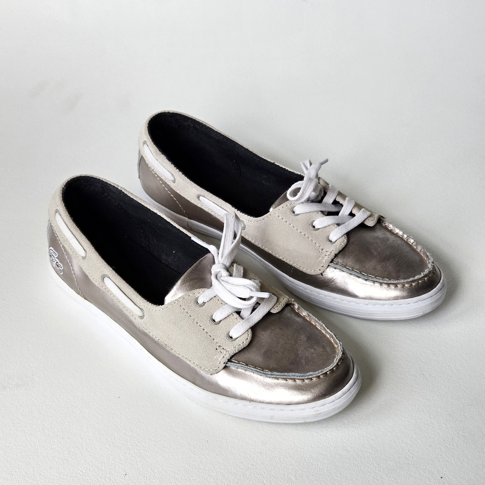 Lacoste Ziane Deck Boat Shoes Metallic Rose Gold Taupe Suede Womens Size 7